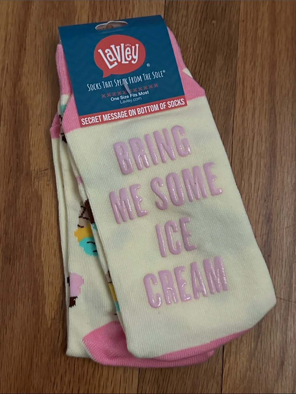 “Bring Me Some Ice Cream' Cream & Pink Novelty Socks OSFM New